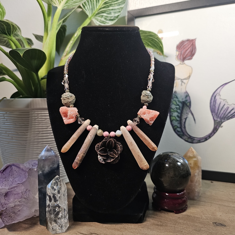 Pink and Bronze Rose Necklace